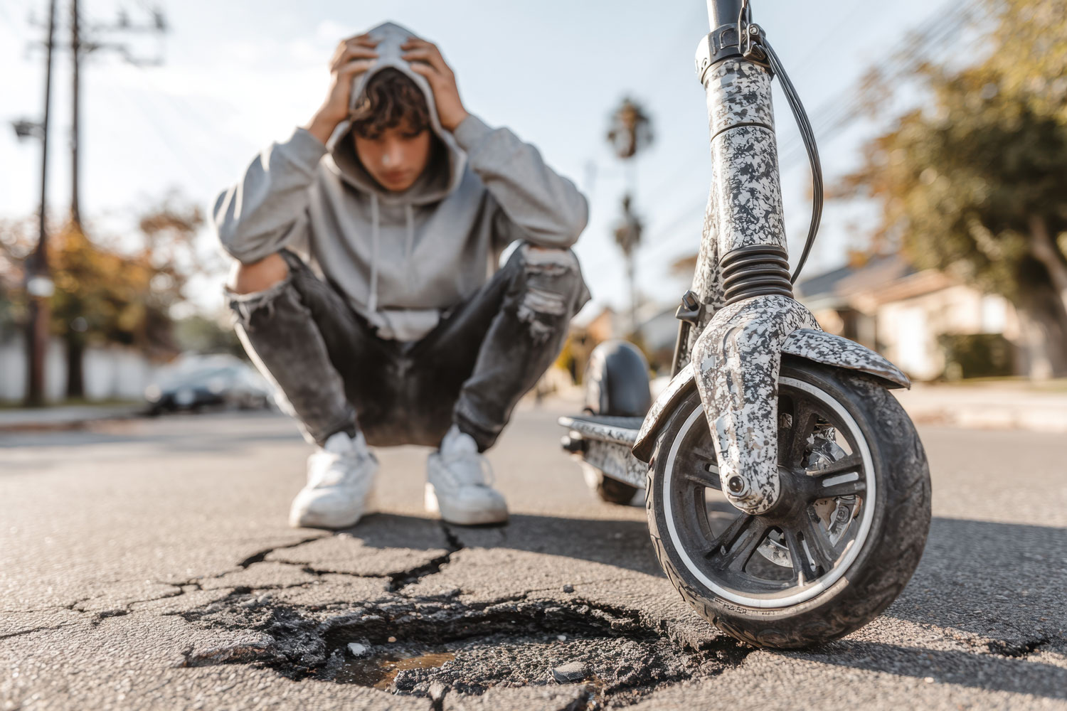 Glätte, Bordsteinkanten, Schlaglöcher Unfall E-Scooter